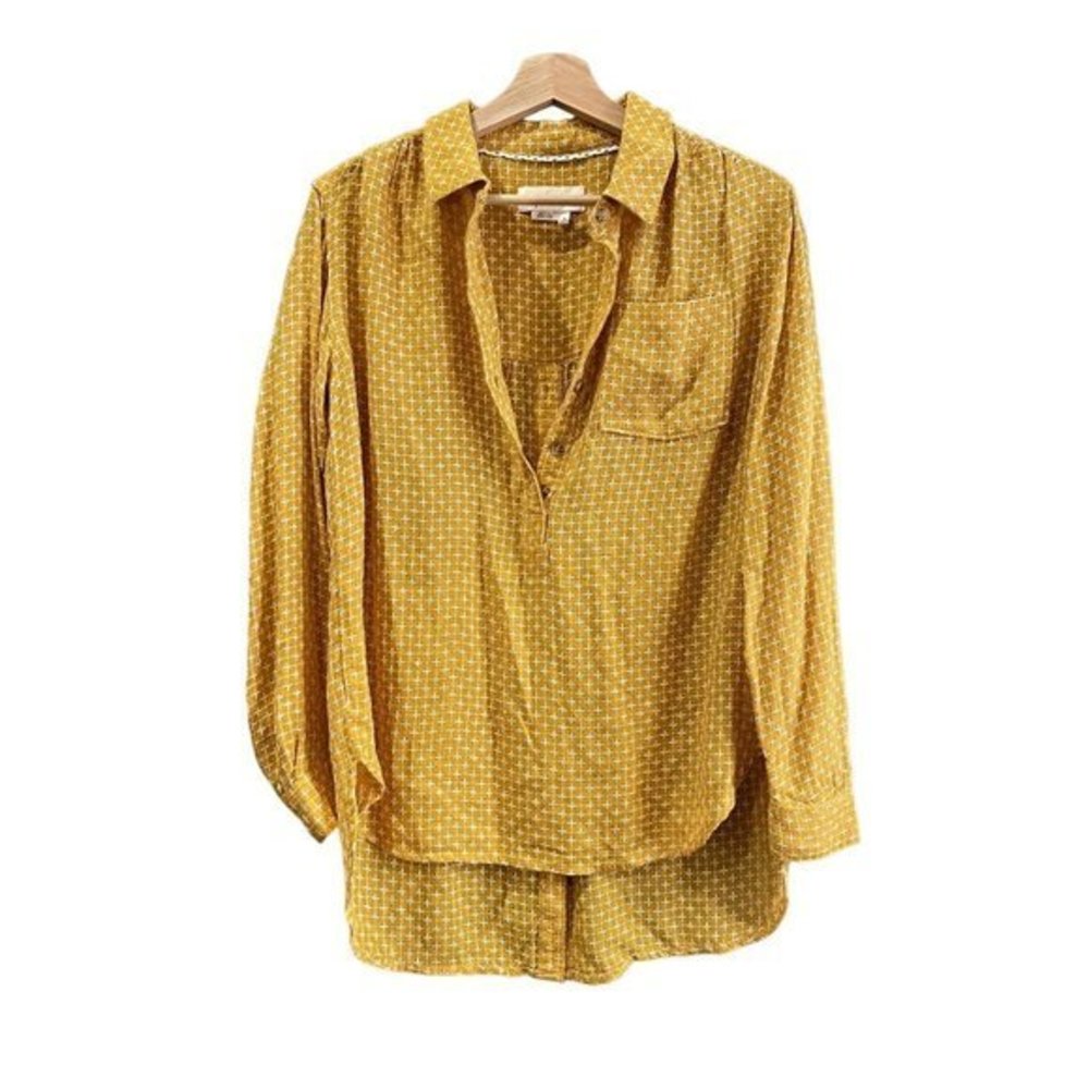By Anthropologie Mustard Embroidered Stitch Back Button High Low L/S Shirt Small - Picture 2 of 4